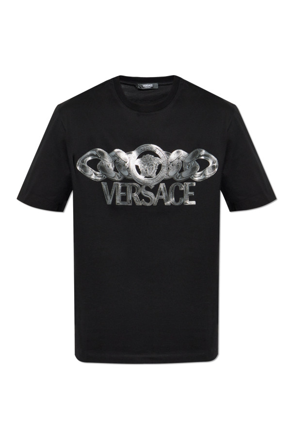 Tシャツ・カットソー VERSACE Men Tops 1011694 1A08584 1W000 BIANCO OTTICO WHITE T-shirt with 90s embroidered logo VERSACE 1011694